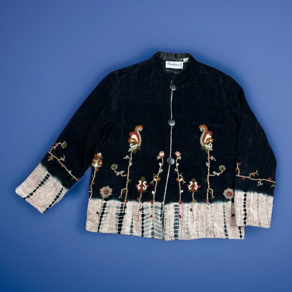 Vintage Flashback Women's Jacket Sz M Black Floral Ombré Embroidered Lagenlook